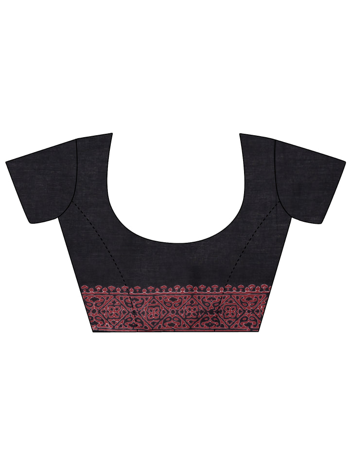 Black Printed Cotton Saree With Unstitched Blouse Piece