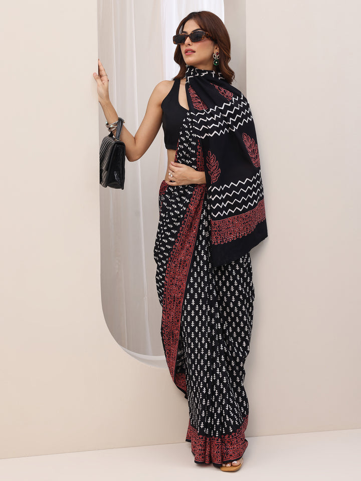 Black Printed Cotton Saree With Unstitched Blouse Piece