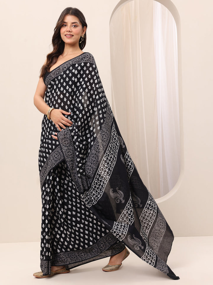 Black Printed Cotton Saree With Unstitched Blouse