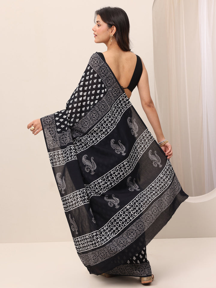 Black Printed Cotton Saree With Unstitched Blouse