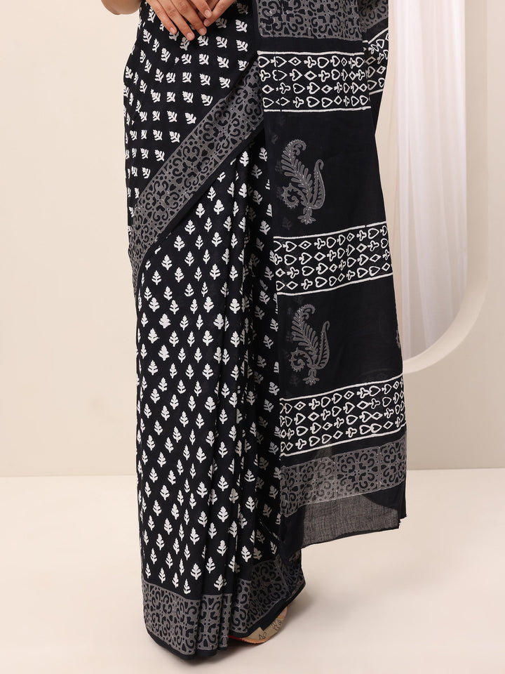 Black Printed Cotton Saree With Unstitched Blouse