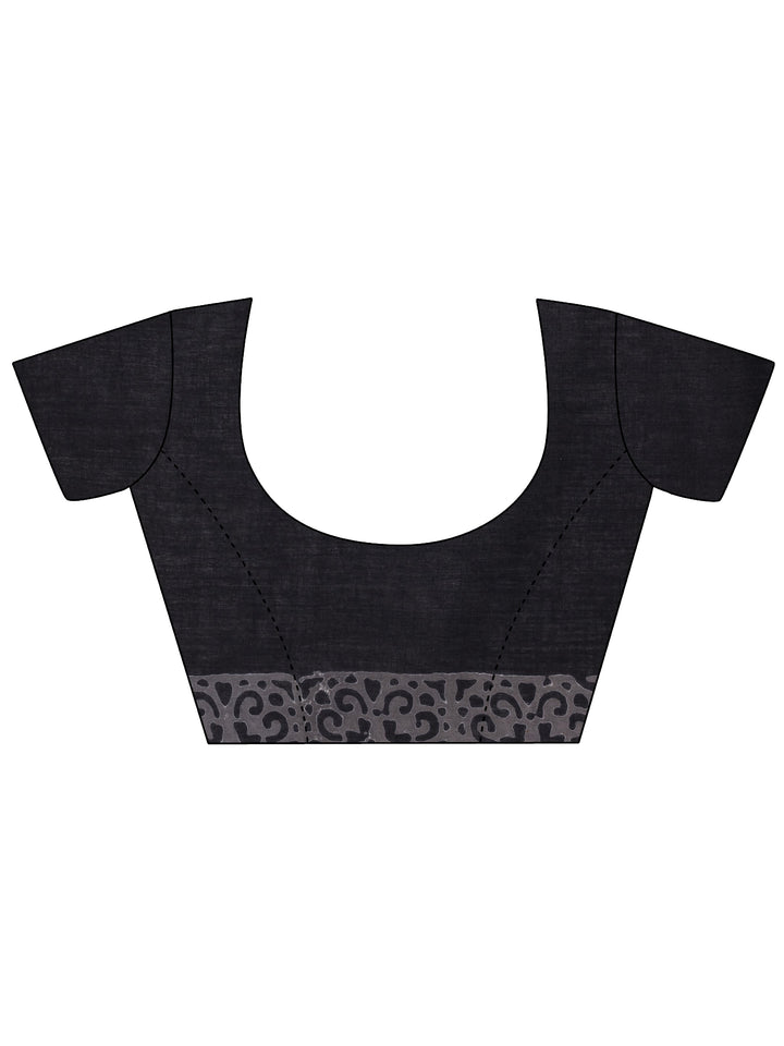 Black Printed Cotton Saree With Unstitched Blouse