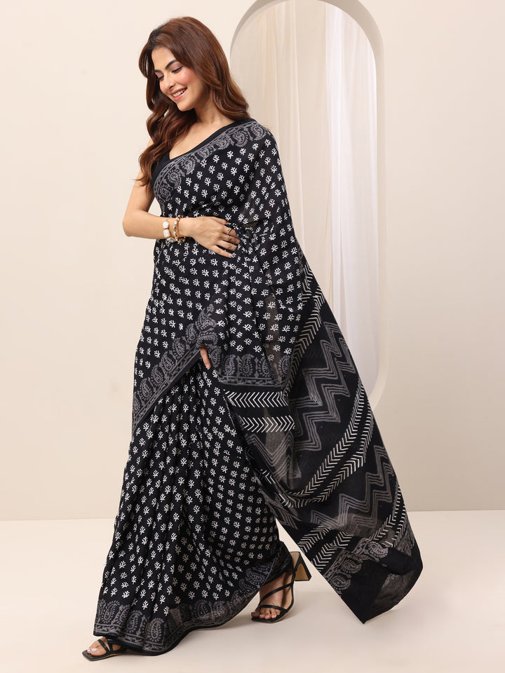 Black Printed Cotton Saree With Unstitched Blouse Piece