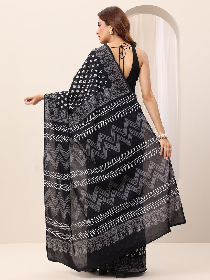 Black Printed Cotton Saree With Unstitched Blouse Piece