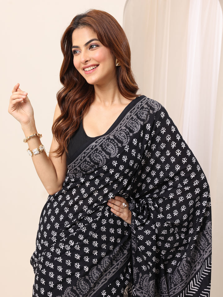 Black Printed Cotton Saree With Unstitched Blouse Piece