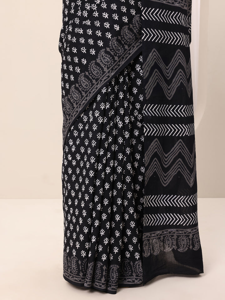 Black Printed Cotton Saree With Unstitched Blouse Piece