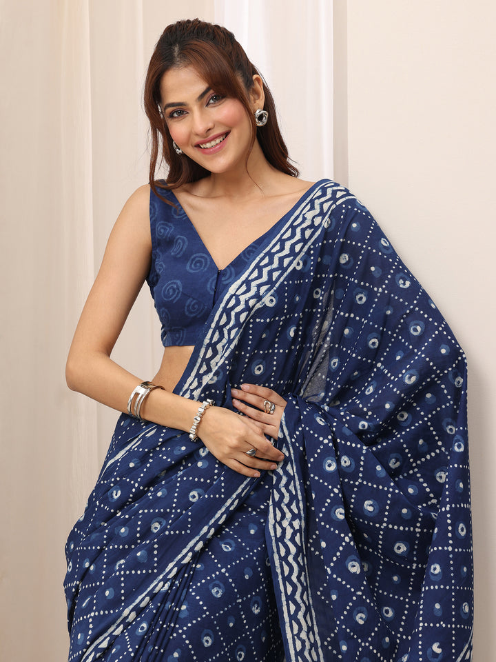 Indigo Printed Cotton Saree With Unstitched Blouse Piece