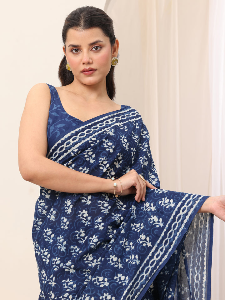 Indigo Printed Cotton Saree With Unstitched Blouse Piece