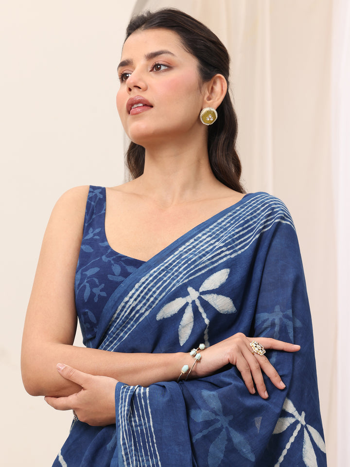 Indigo Printed Cotton Saree With Unstitched Blouse Piece