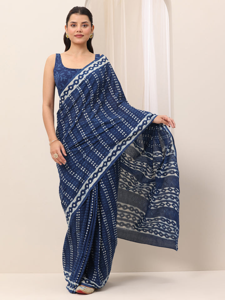 Indigo Printed Cotton Saree With Unstitched Blouse Piece