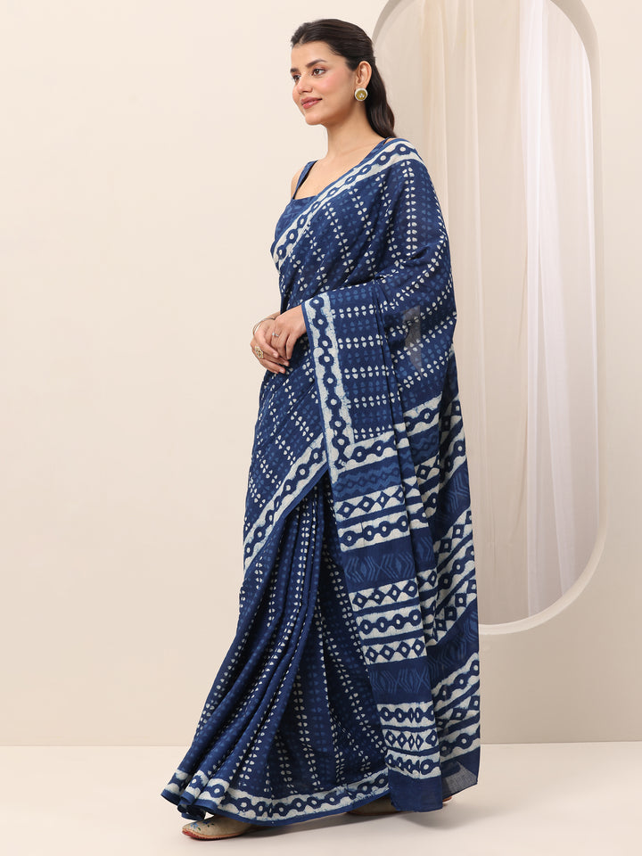 Indigo Printed Cotton Saree With Unstitched Blouse Piece