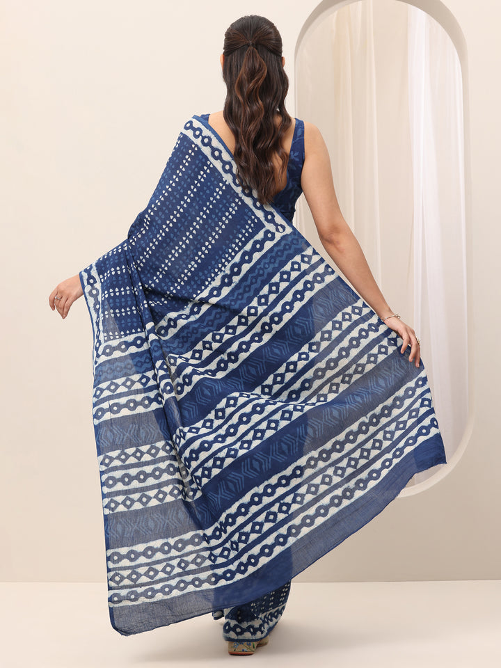 Indigo Printed Cotton Saree With Unstitched Blouse Piece