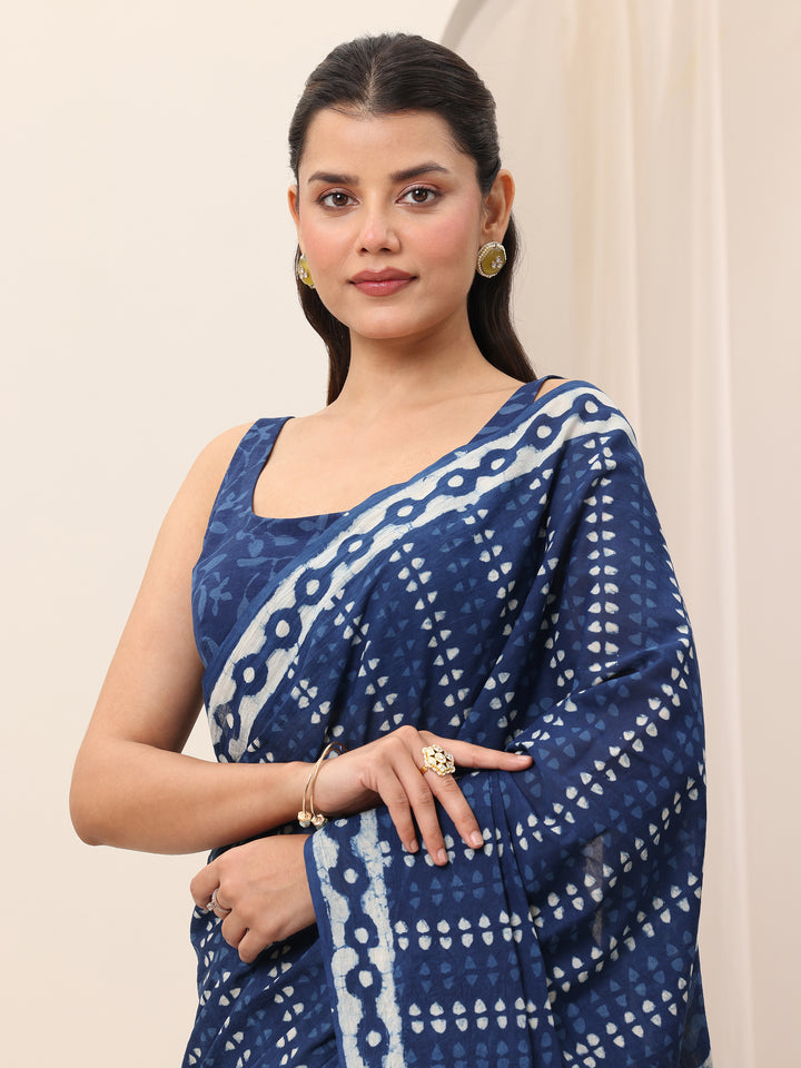 Indigo Printed Cotton Saree With Unstitched Blouse Piece