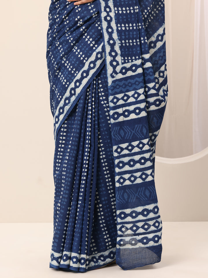 Indigo Printed Cotton Saree With Unstitched Blouse Piece