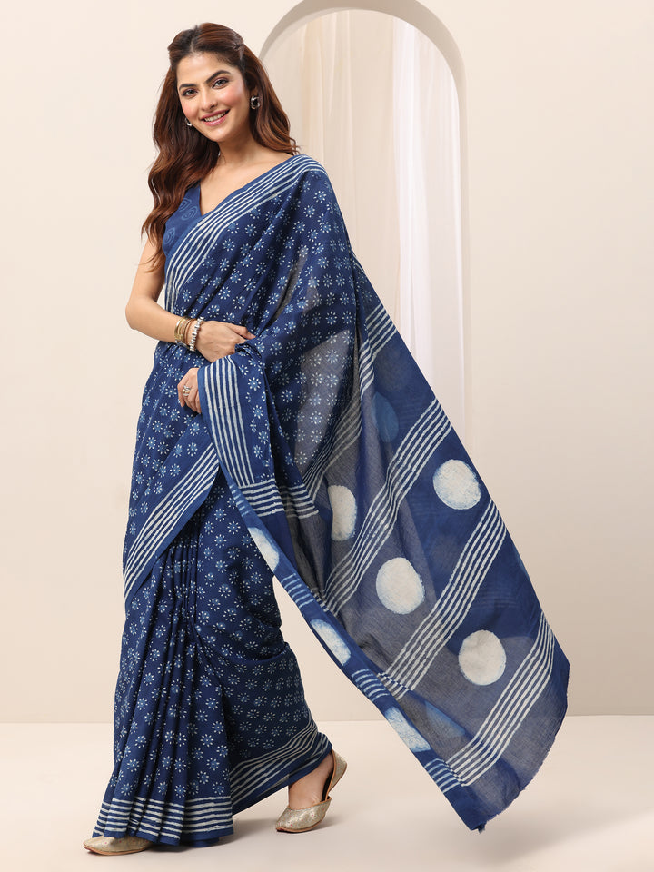 Indigo Printed Cotton Saree With Unstitched Blouse Piece