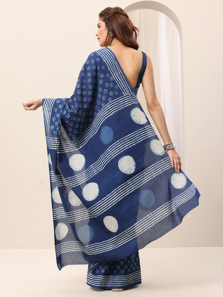 Indigo Printed Cotton Saree With Unstitched Blouse Piece