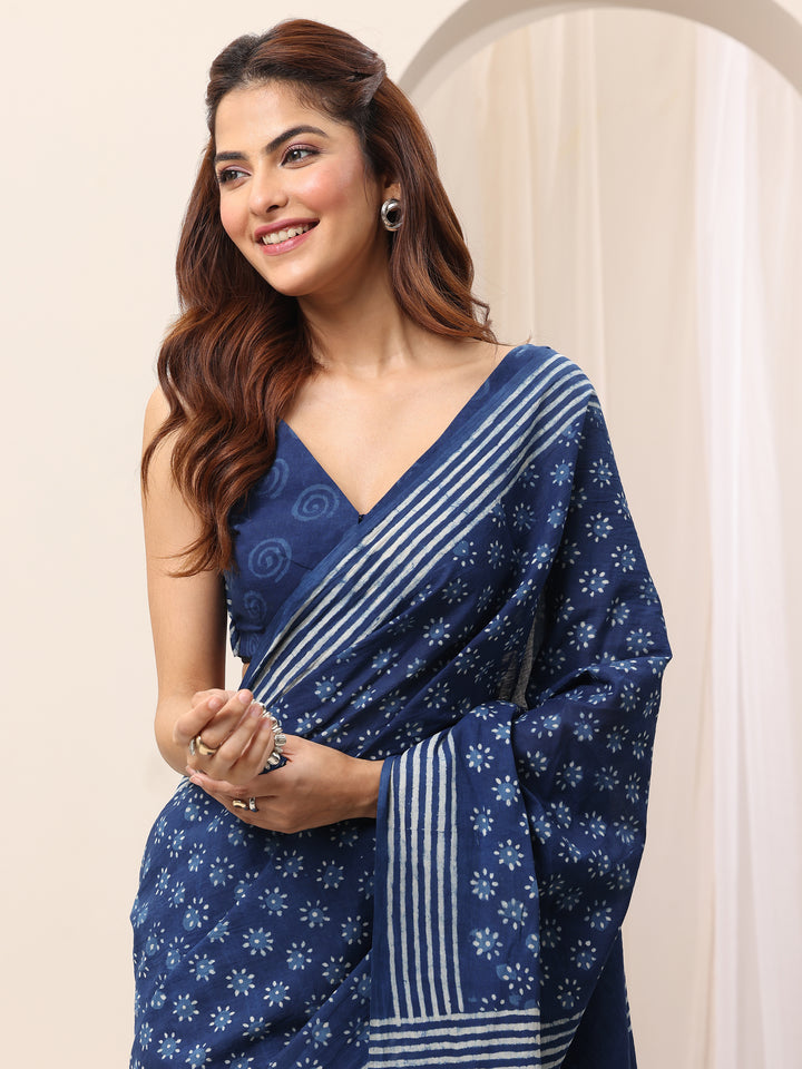 Indigo Printed Cotton Saree With Unstitched Blouse Piece