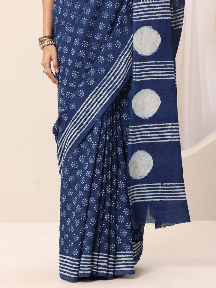 Indigo Printed Cotton Saree With Unstitched Blouse Piece