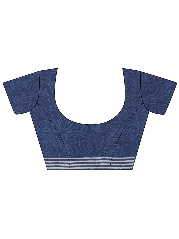 Indigo Printed Cotton Saree With Unstitched Blouse Piece