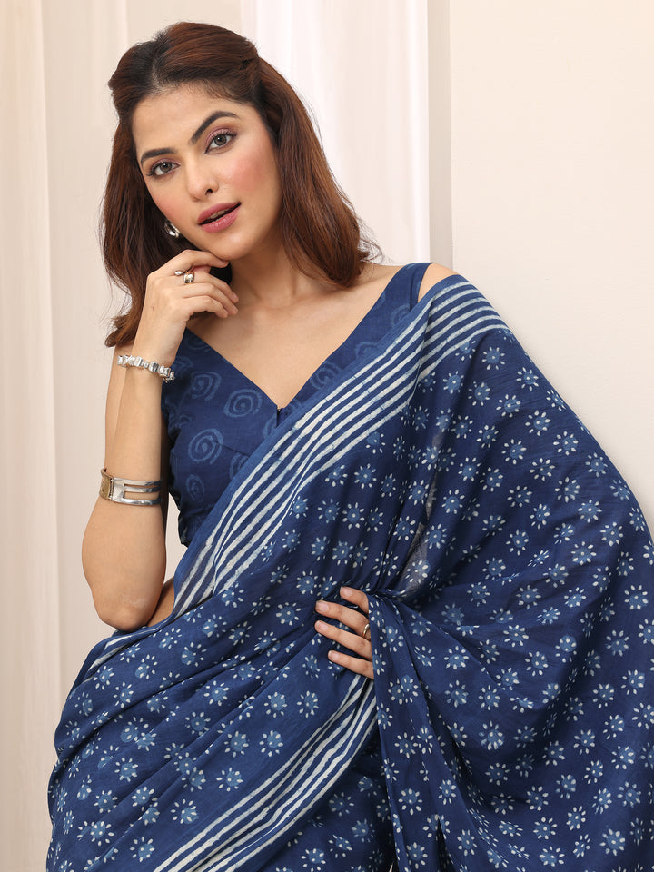 Indigo Printed Cotton Saree With Unstitched Blouse Piece