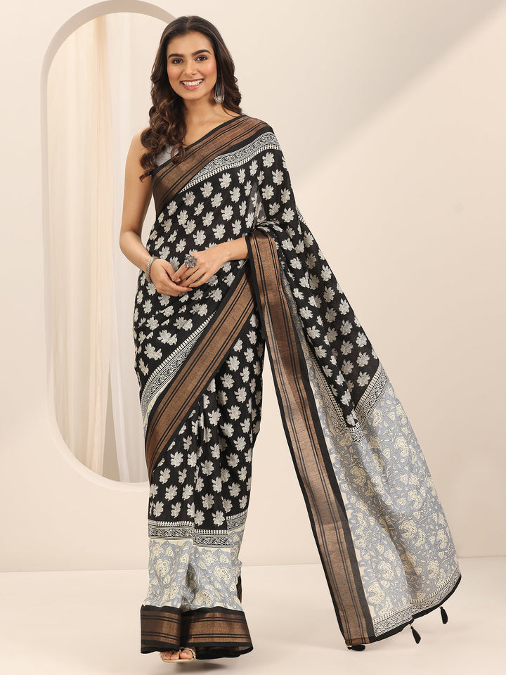 Grey Printed Silk Blend Saree With Unstitched Blouse Piece