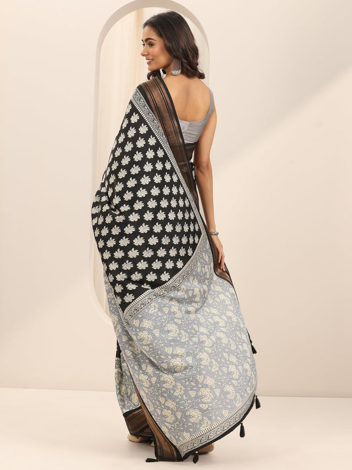 Grey Printed Silk Blend Saree With Unstitched Blouse Piece
