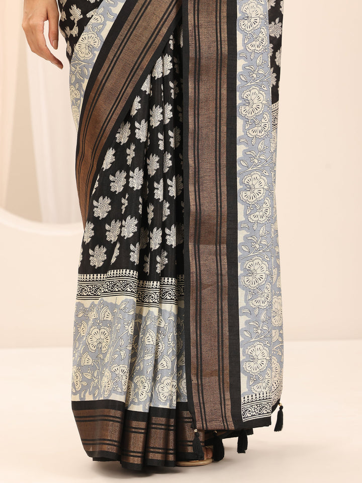 Grey Printed Silk Blend Saree With Unstitched Blouse Piece
