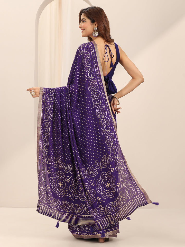 Purple Bandhani Printed Georgette Saree With Unstitched Blouse Piece