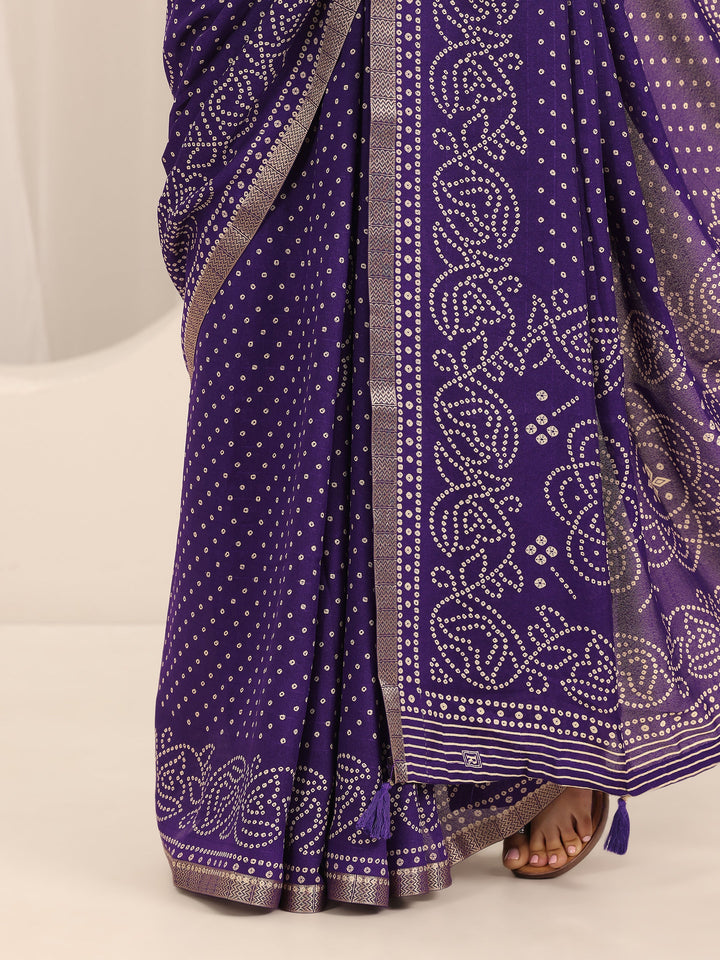 Purple Bandhani Printed Georgette Saree With Unstitched Blouse Piece