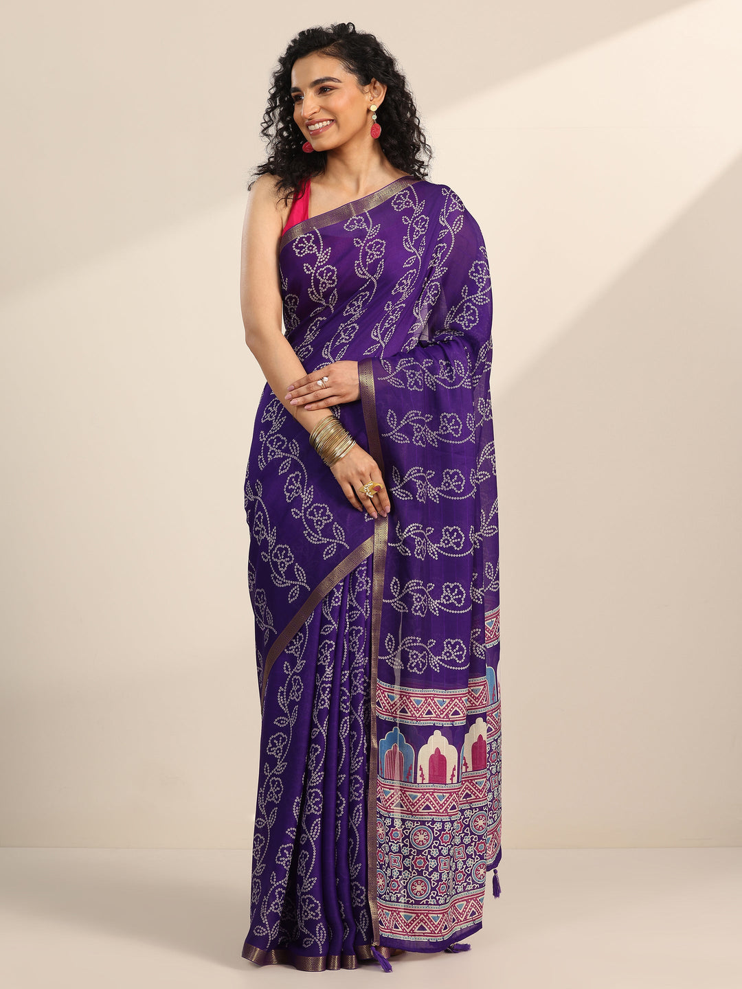 Purple Printed Georgette Saree With Unstitched Blouse Piece