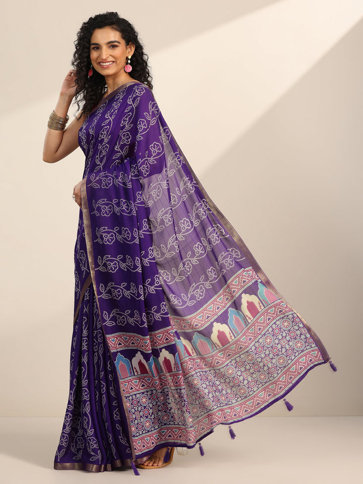 Purple Printed Georgette Saree With Unstitched Blouse Piece
