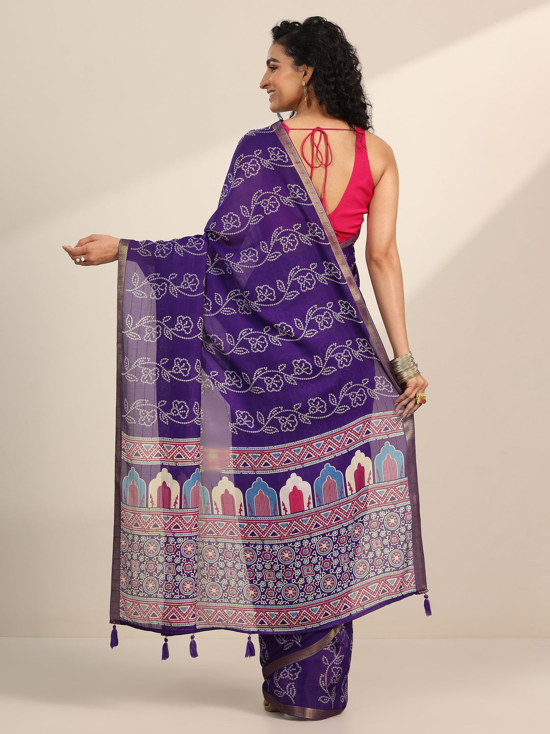Purple Printed Georgette Saree With Unstitched Blouse Piece