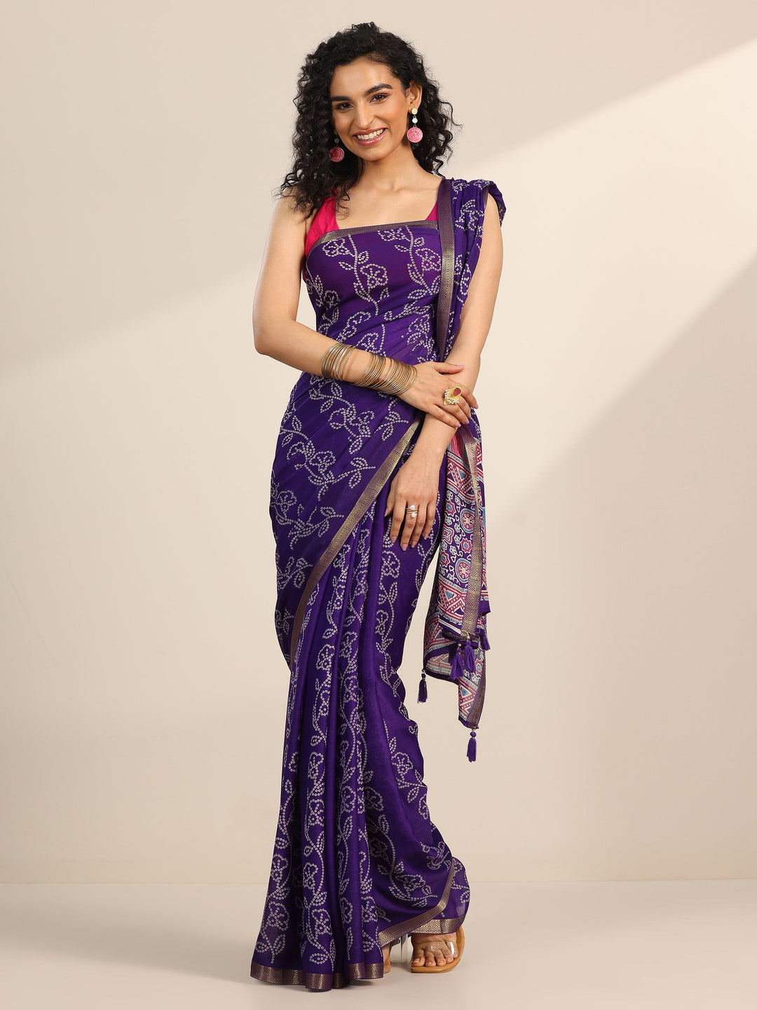 Purple Printed Georgette Saree With Unstitched Blouse Piece