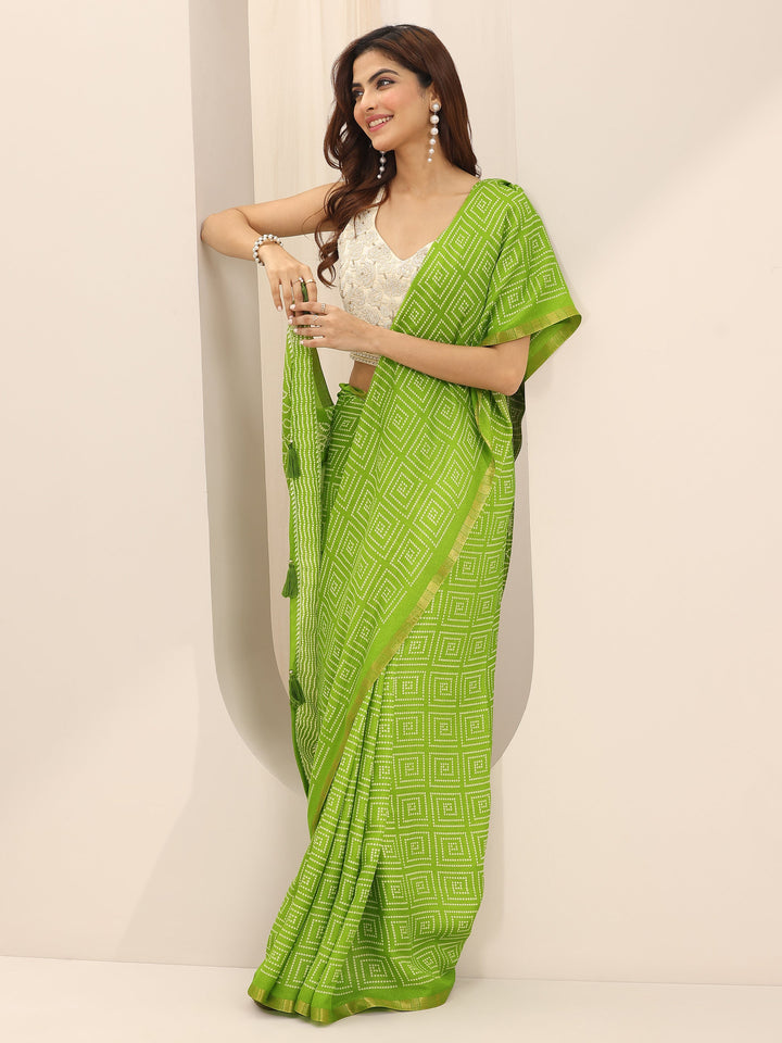 Light Green Printed Georgette Saree With Unstitched Blouse Piece