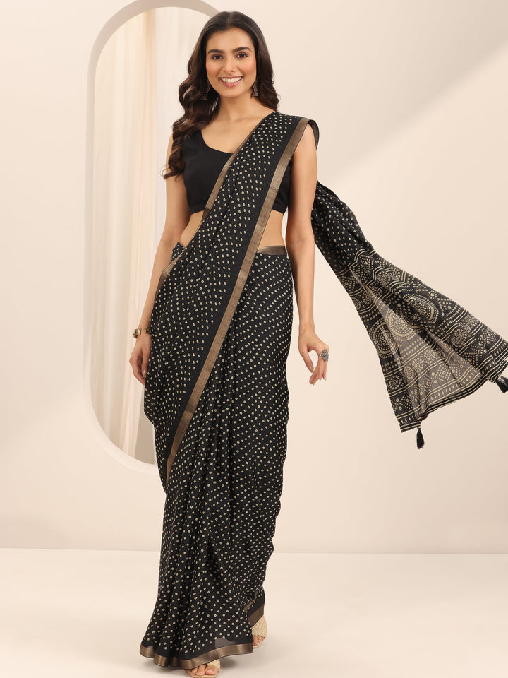 Black Printed Georgette Saree With Unstitched Blouse Piece