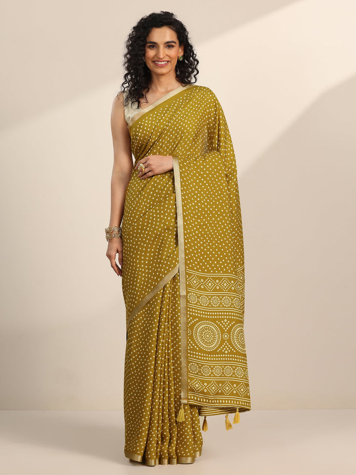 Mustard Printed Georgette Saree With Unstitched Blouse Piece