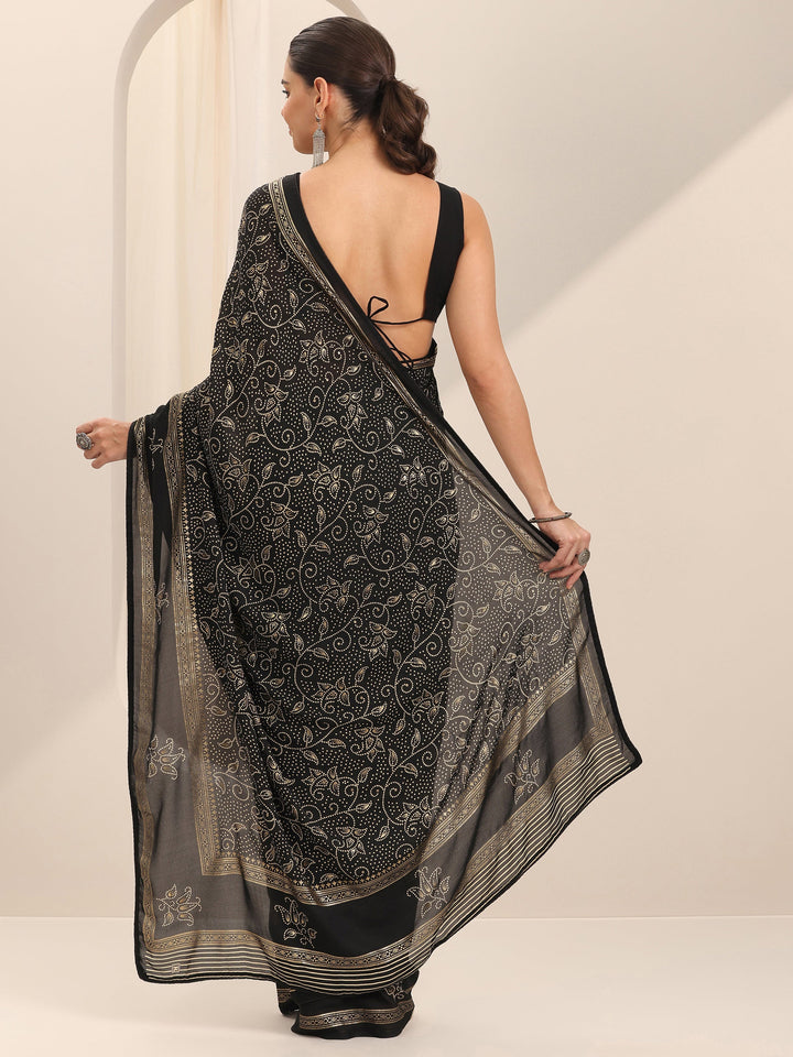 Black Printed Georgette Saree With Unstitched Blouse Piece
