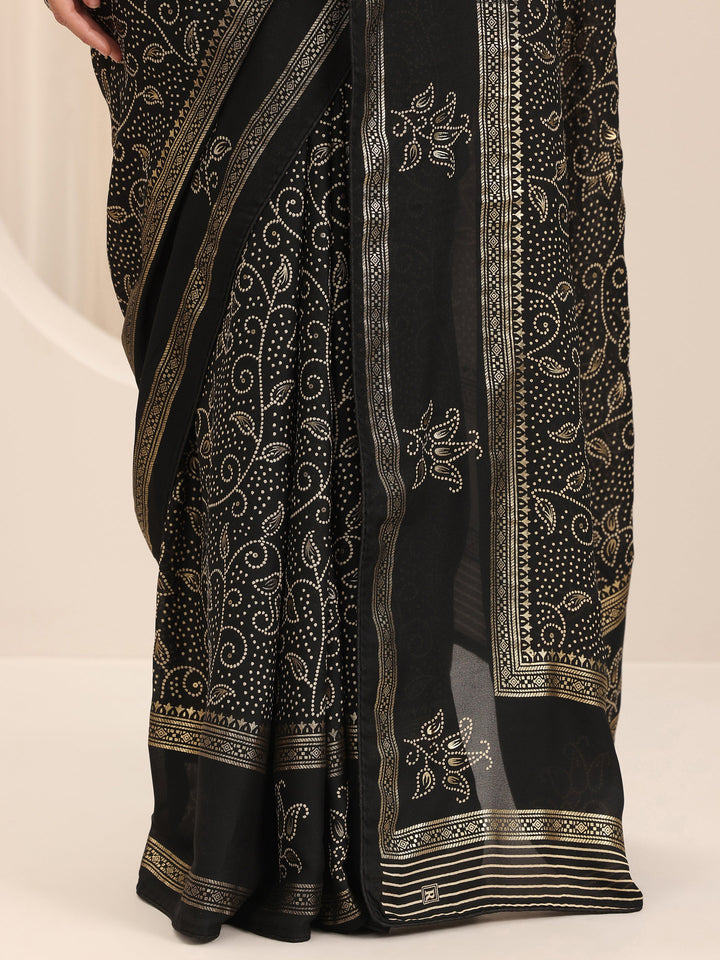 Black Printed Georgette Saree With Unstitched Blouse Piece