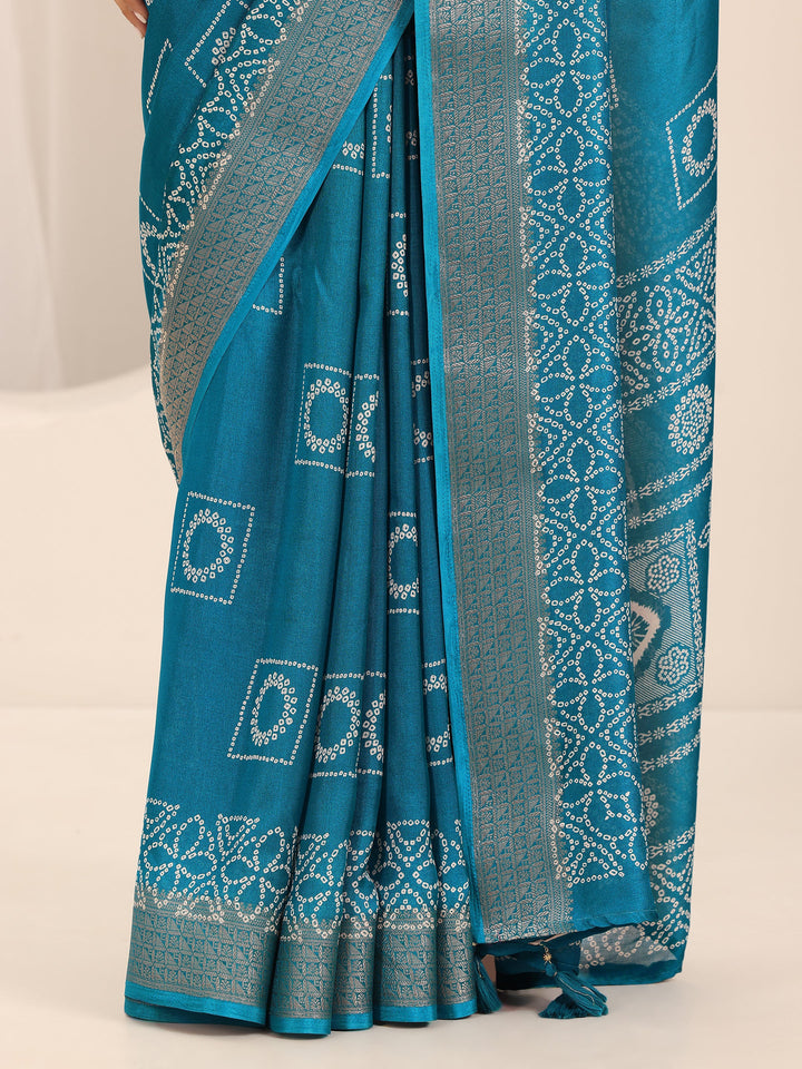 Teal Printed Georgette Saree With Unstitched Blouse Piece