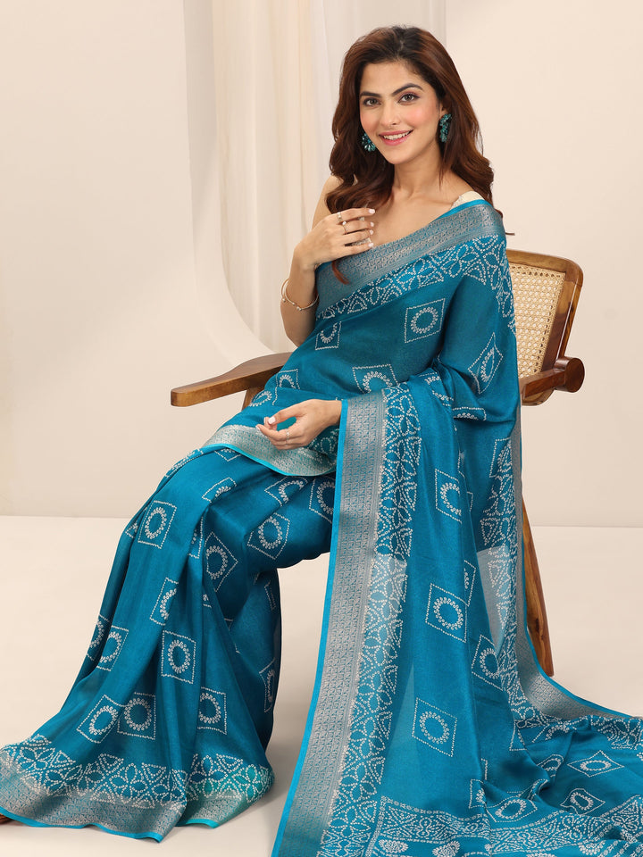 Teal Printed Georgette Saree With Unstitched Blouse Piece