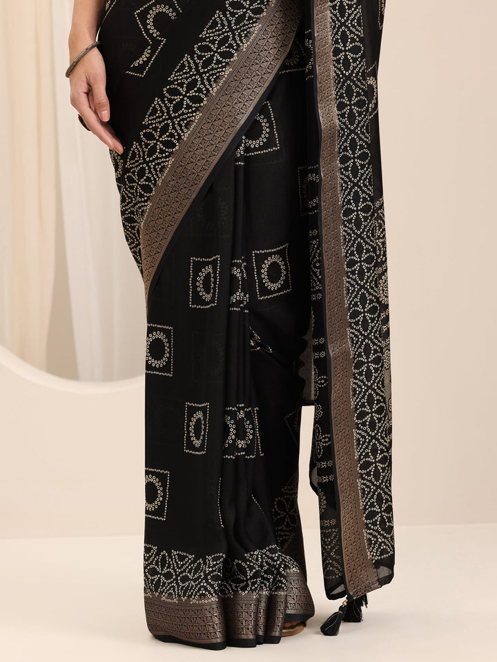 Black Printed Georgette Saree With Unstitched Blouse Piece
