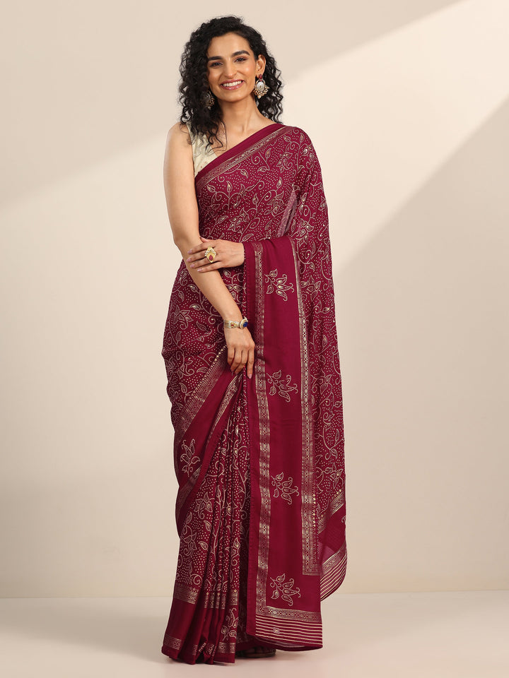 Red Printed Georgette Saree With Unstitched Blouse Piece