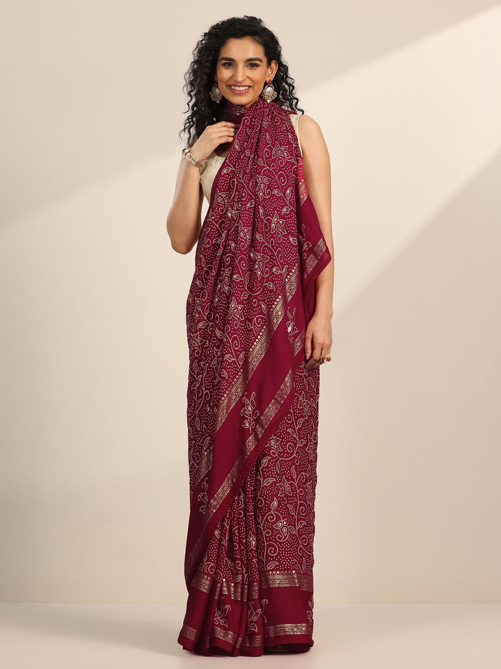 Red Printed Georgette Saree With Unstitched Blouse Piece