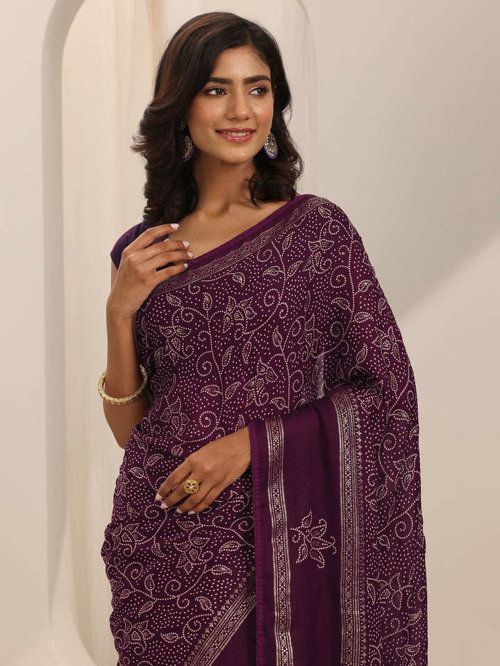 Wine Printed Georgette Saree With Unstitched Blouse Piece