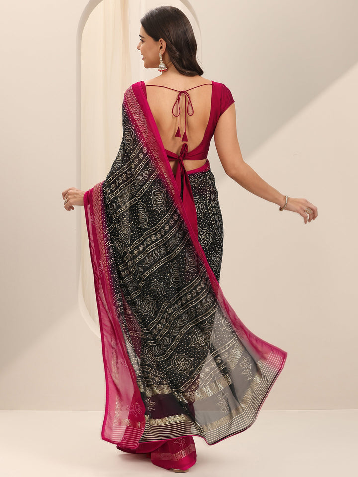 Black Printed Georgette Saree With Unstitched Blouse Piece