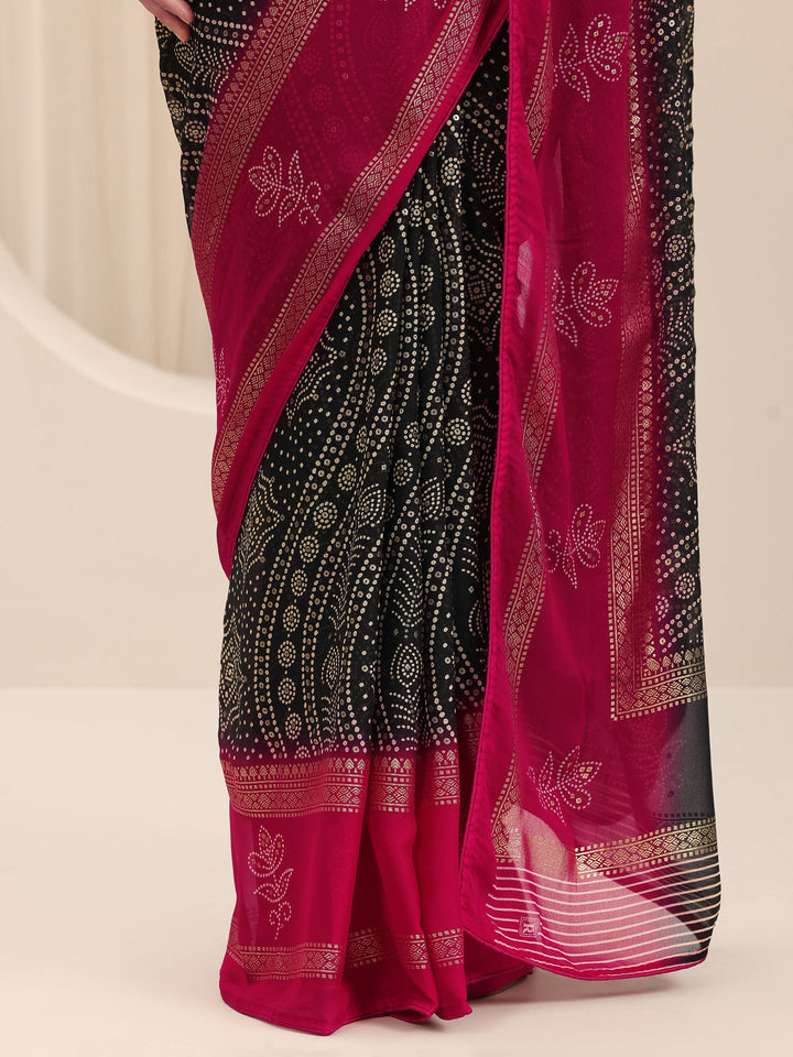Black Printed Georgette Saree With Unstitched Blouse Piece