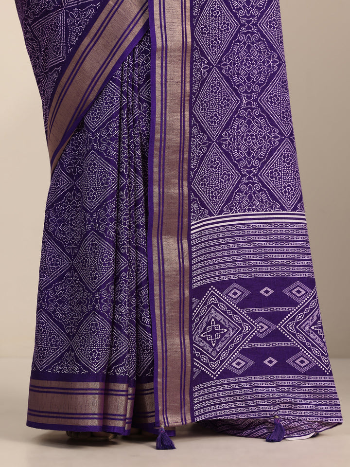 Purple Printed Silk Blend Saree With Unstitched Blouse Piece