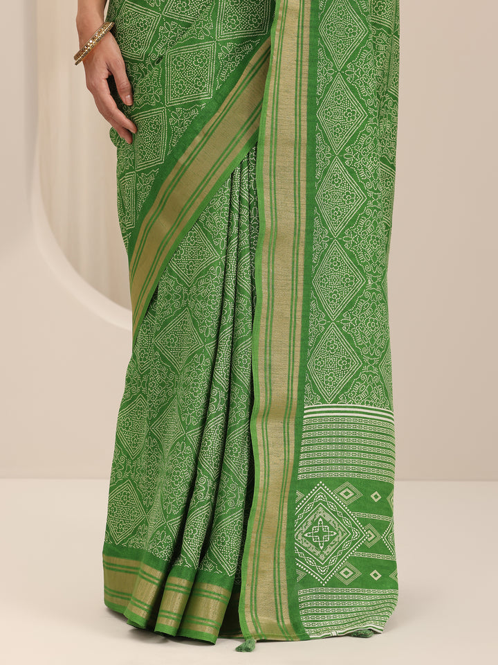 Green Printed Silk Blend Saree With Unstitched Blouse Piece