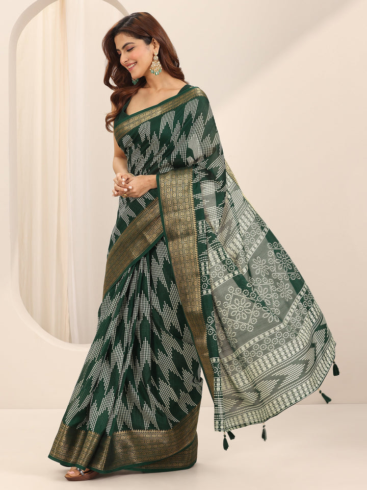 Green Printed Silk Blend Saree With Unstitched Blouse Piece