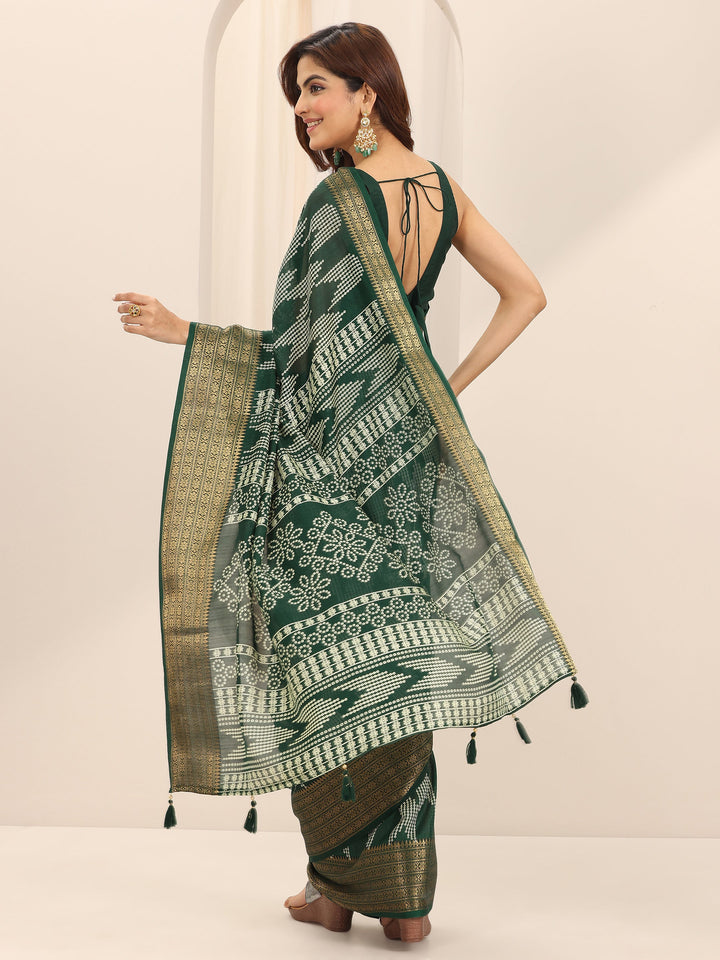 Green Printed Silk Blend Saree With Unstitched Blouse Piece
